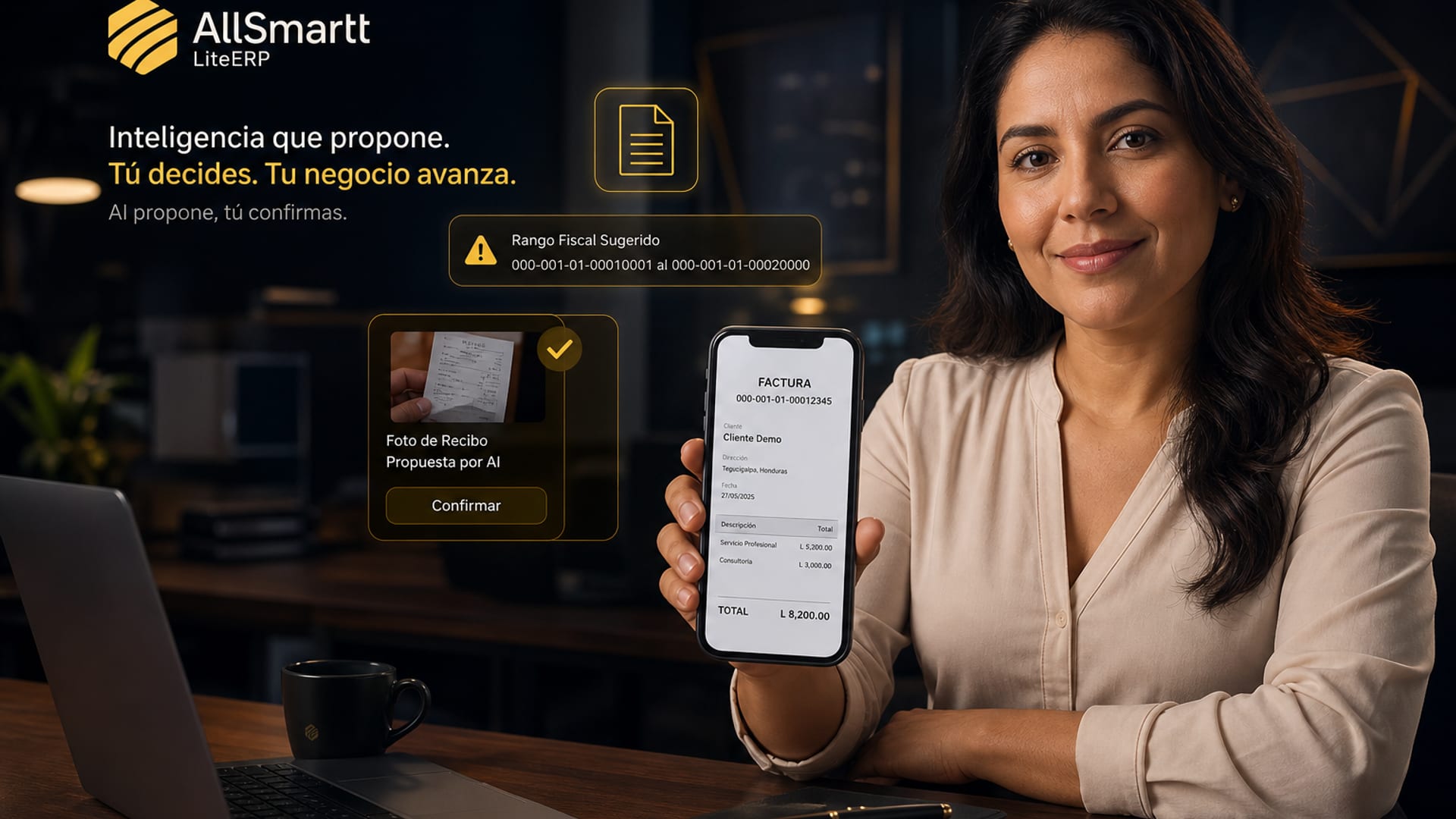 Profesional emitiendo una factura de servicios desde el teléfono en un escritorio ordenado