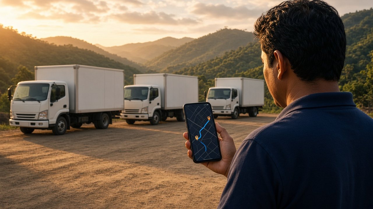 Supervisor revisa en su teléfono el recorrido de una flota de camiones sin marca