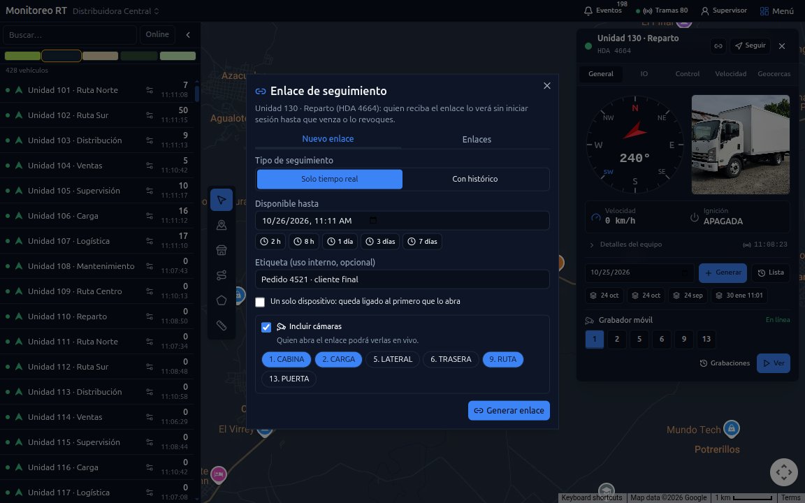 Diálogo para crear un enlace de seguimiento con vigencia, etiqueta, un solo dispositivo y cámaras elegidas