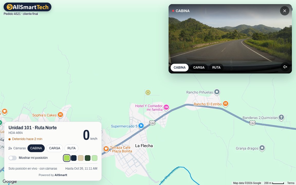 Vista pública del enlace con el mapa, la velocidad de la unidad y su cámara, sin iniciar sesión