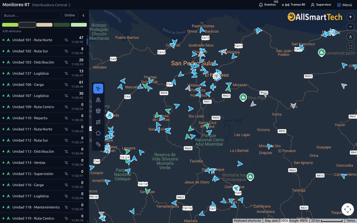 Monitoreo web con la lista de unidades por estado y la flota sobre un mapa oscuro