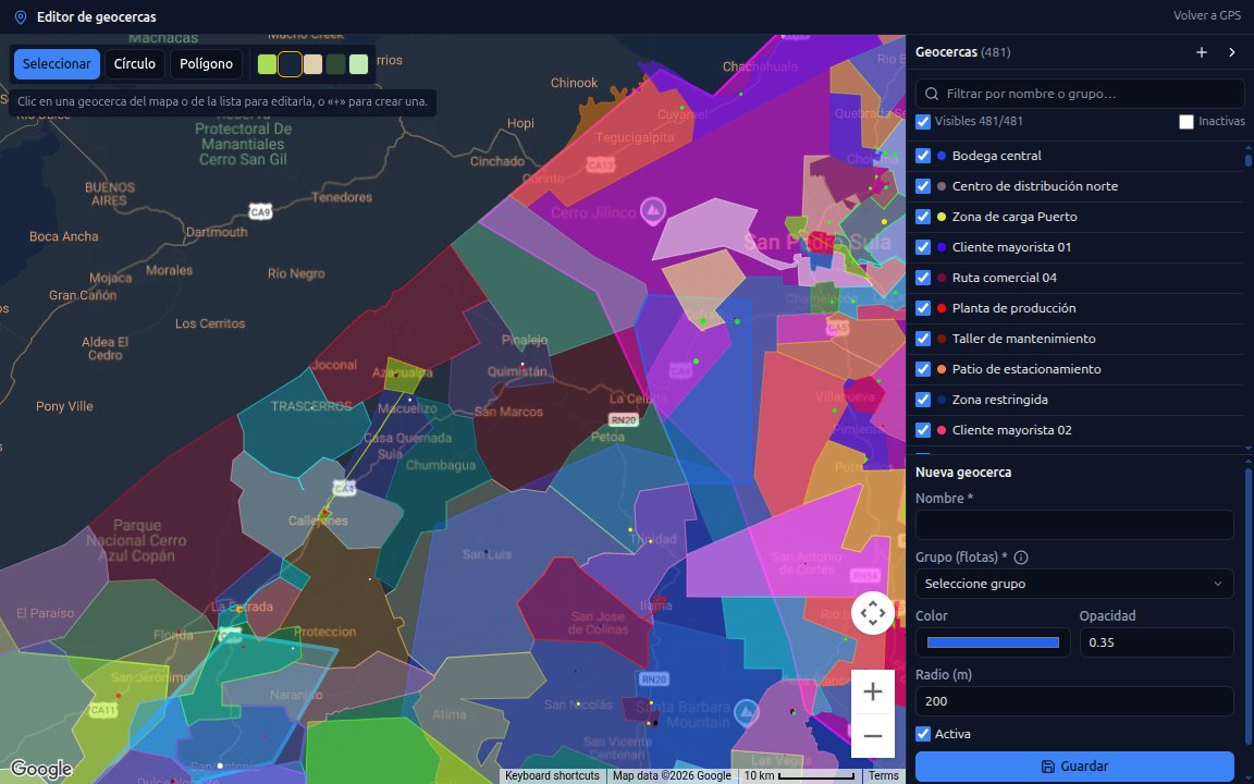 Editor de geocercas con polígonos y círculos agrupados por zona