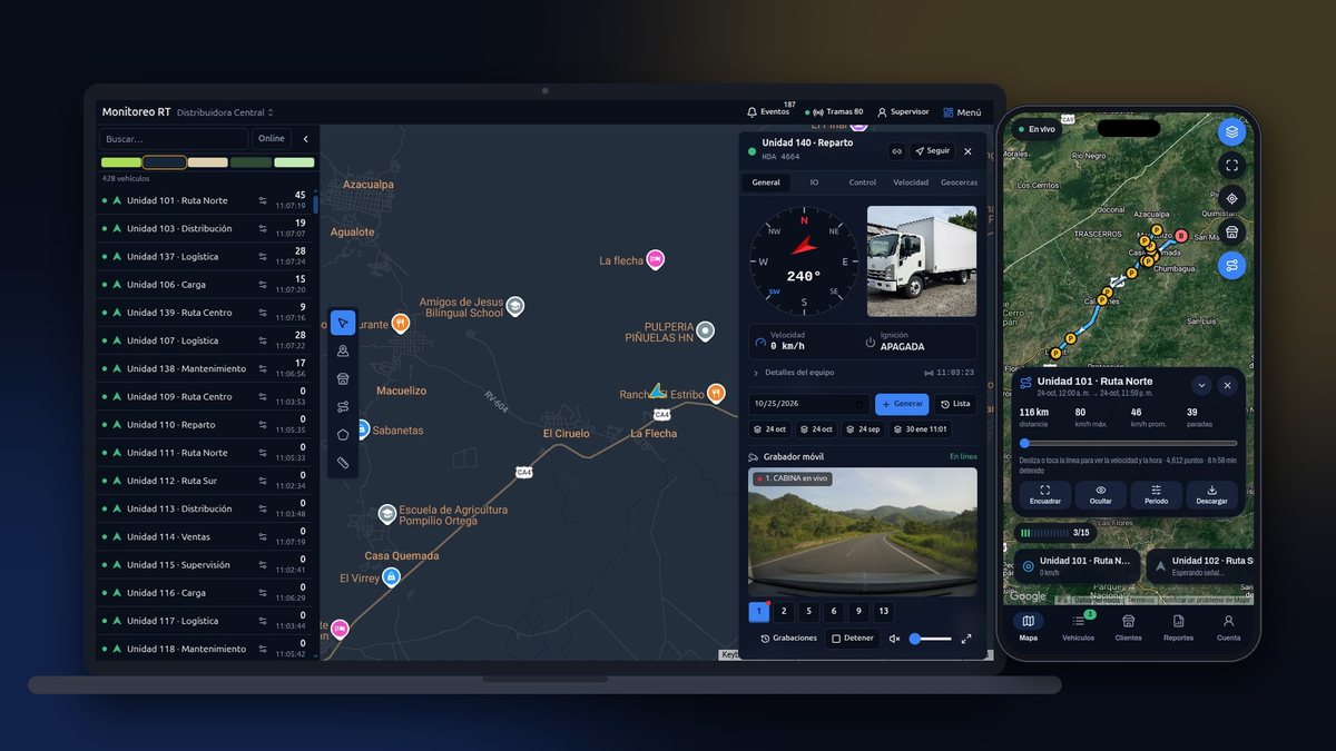 AllSmartt tracking platform on a laptop and a phone: fleet on the map, vehicle card with a live camera and the day's trip
