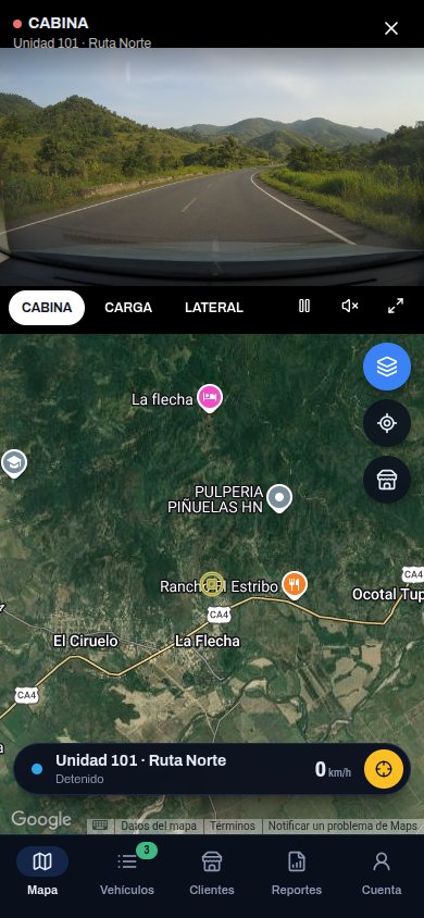App móvil con la cámara de cabina arriba y el mapa del vehículo abajo
