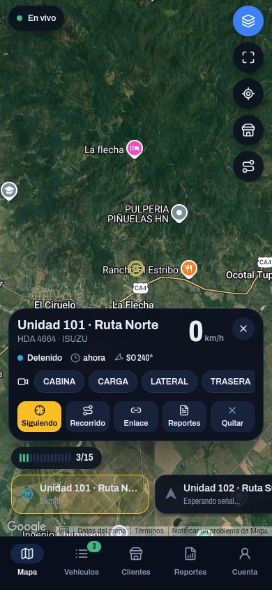 App móvil con un vehículo seguido en el mapa y accesos a cámaras, recorrido, enlace y reportes