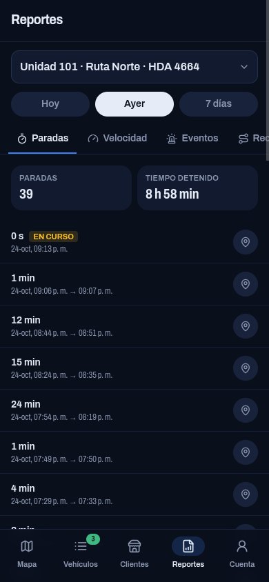 App móvil con el reporte de paradas de un vehículo